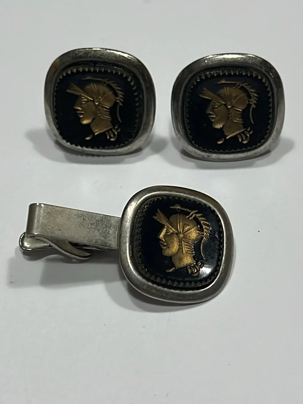 Vintage Tie Clip and Cufflinks Trojan Warrior Intaglio Black Gold .75
